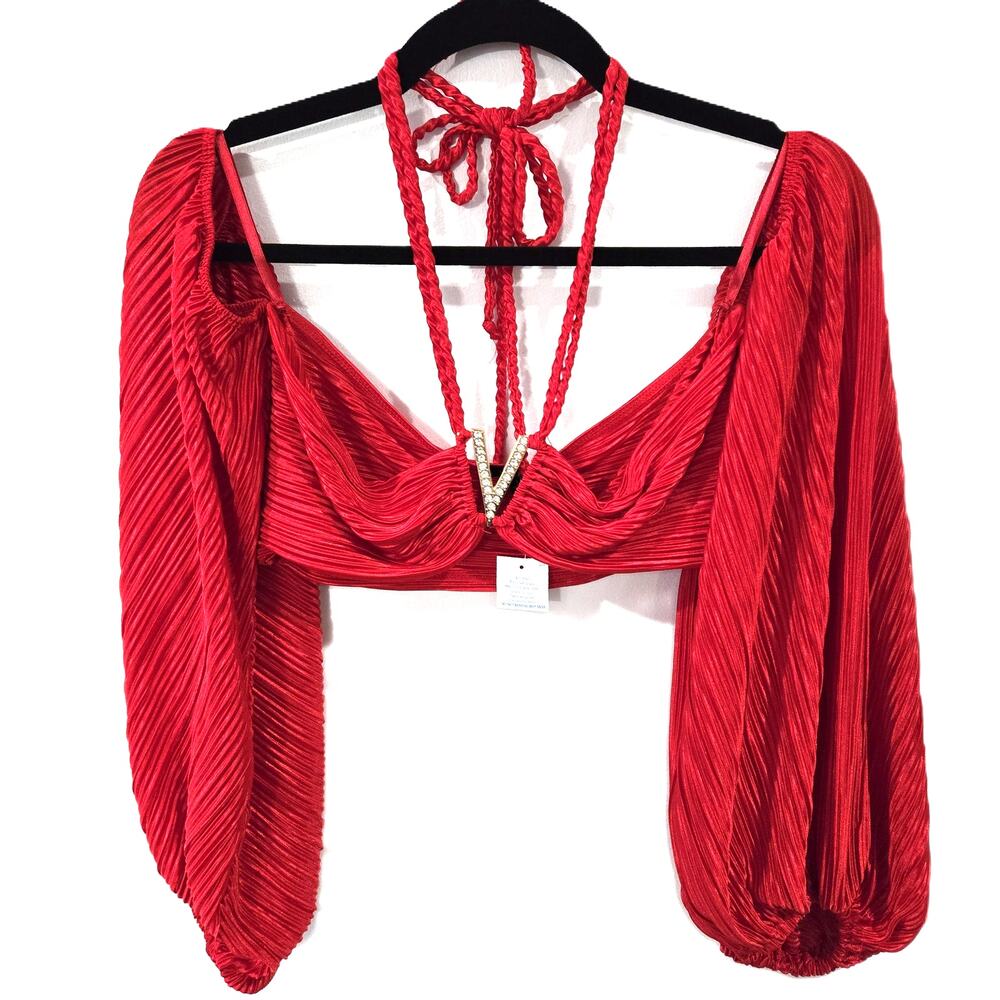 Julia Size Large Women's Red Pleated Embellish Rhinestone V Puff Cropped Top